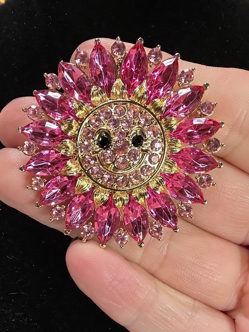 B15- Pink Crystal Sunflower Brooch - Gold Tone Smiley Face